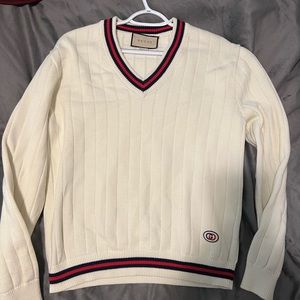 Authentic Gucci Cotton knit V-neck sweater with Web
